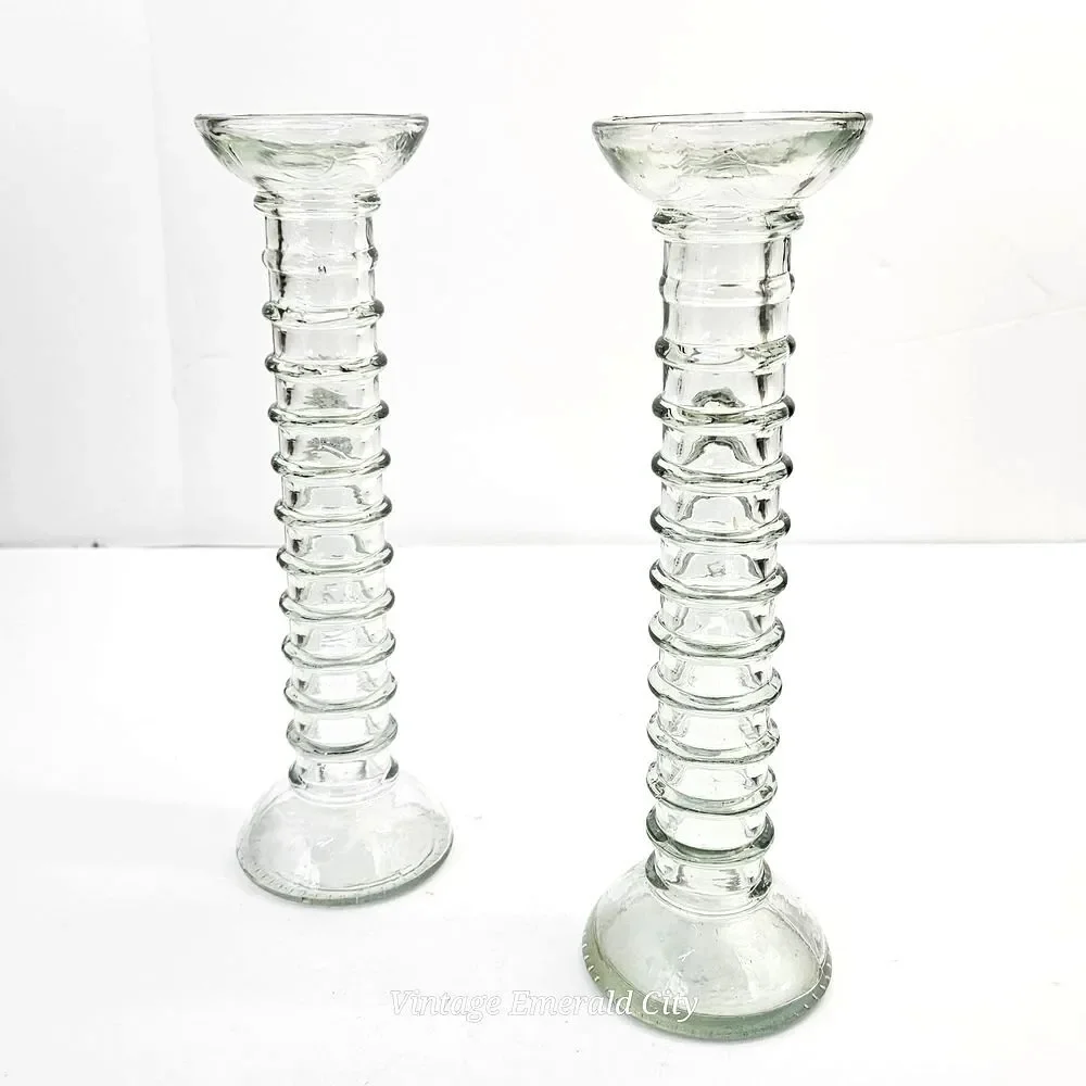 Vtg Stacked Bubble Glass 20th Century Ribbed Pale Green Candle Holders Spain Set